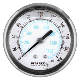 CADRAN PRESSION GLYCERINE INOX - 2 1/2" - 0@200 PSI - SORTIE 1/4" MNPT DERRIÈRE