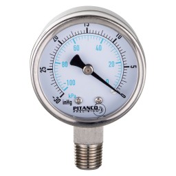 CADRAN VACUUM INOX 2 1/2" -30" HG À 0 VAC/KPA - SORTIE 1/4" MNPT AU BAS